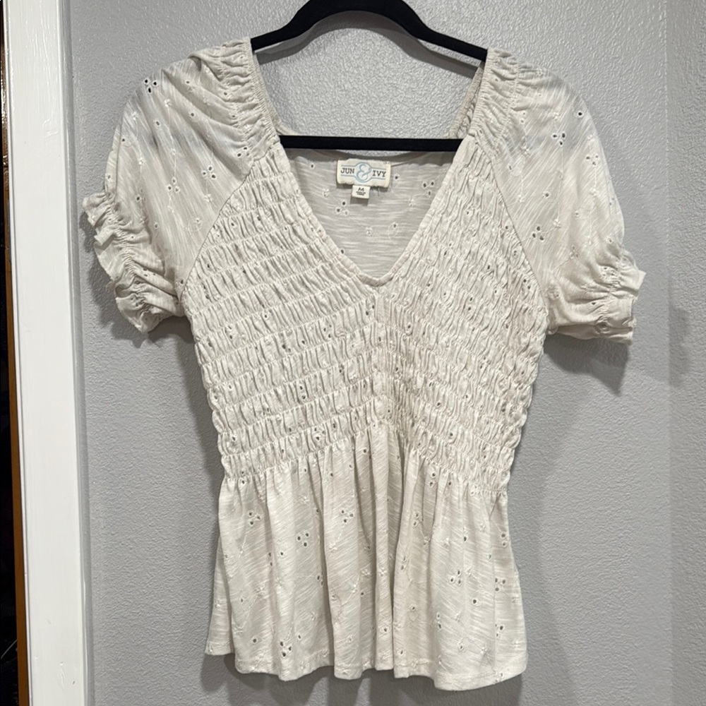 Cream Smocked Ruffled Blouse with Short Sleeves